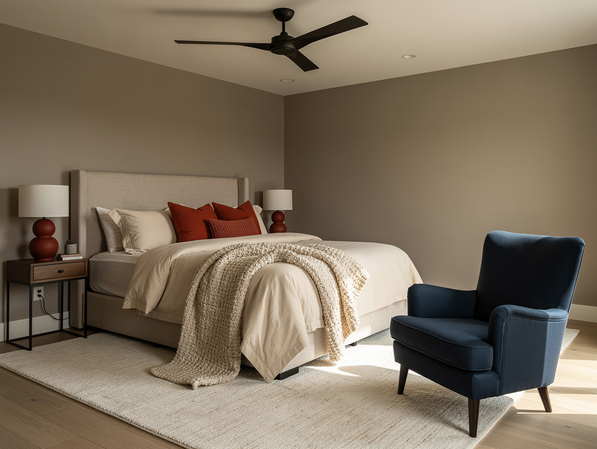 Wide ambiance shot of a cozy primary bedroom with a reading chair, oversized are