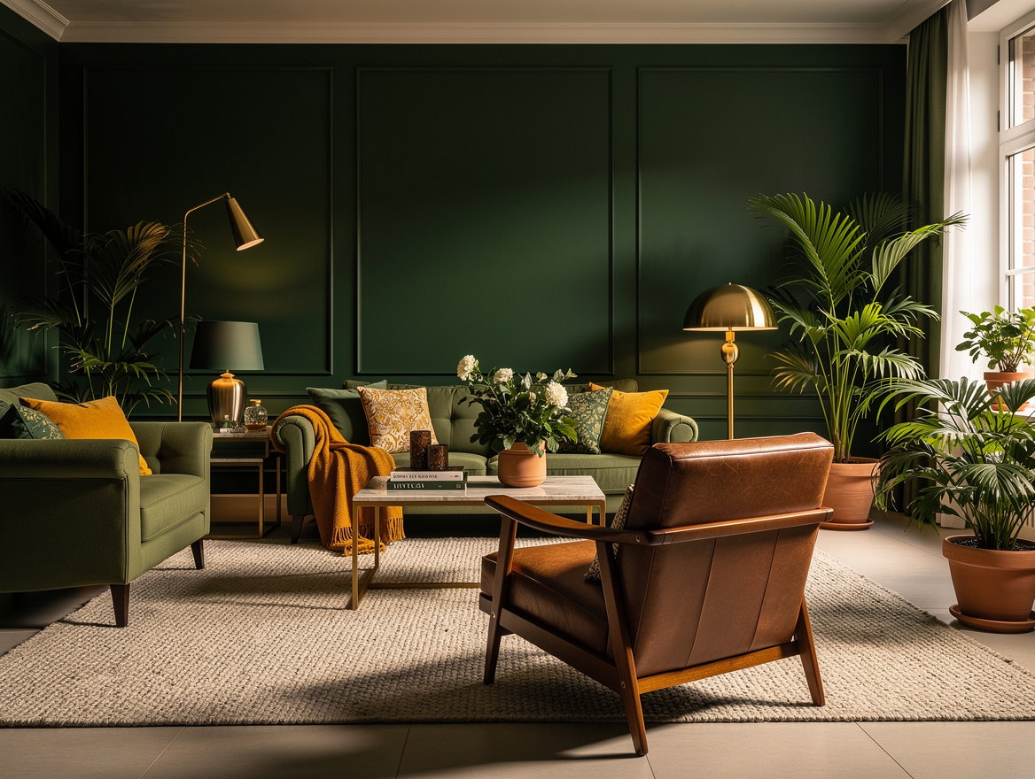 Wide ambiance shot of an open living room with deep forest green accents, large