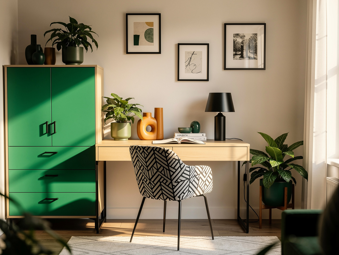 Realistic editorial wide interior photo of a small home office with chartreuse c