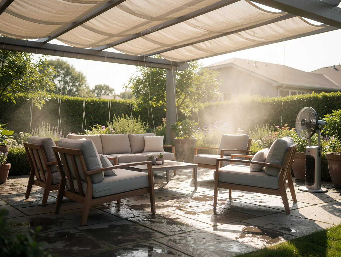 Wide ambient photo of an American patio at late afternoon with damp pavers, soft