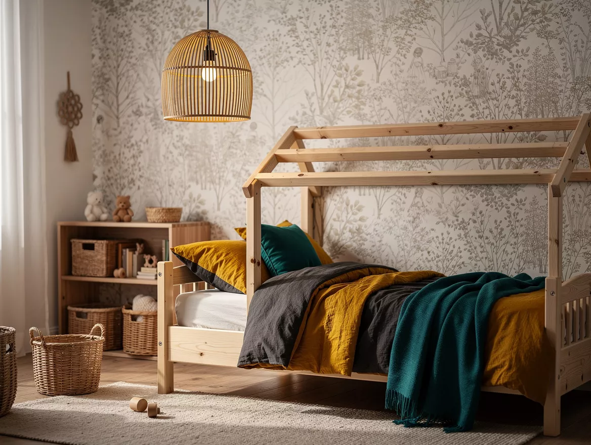 Wide ambient photo of a calm woodland-inspired child’s room, pine cabin bed, wov