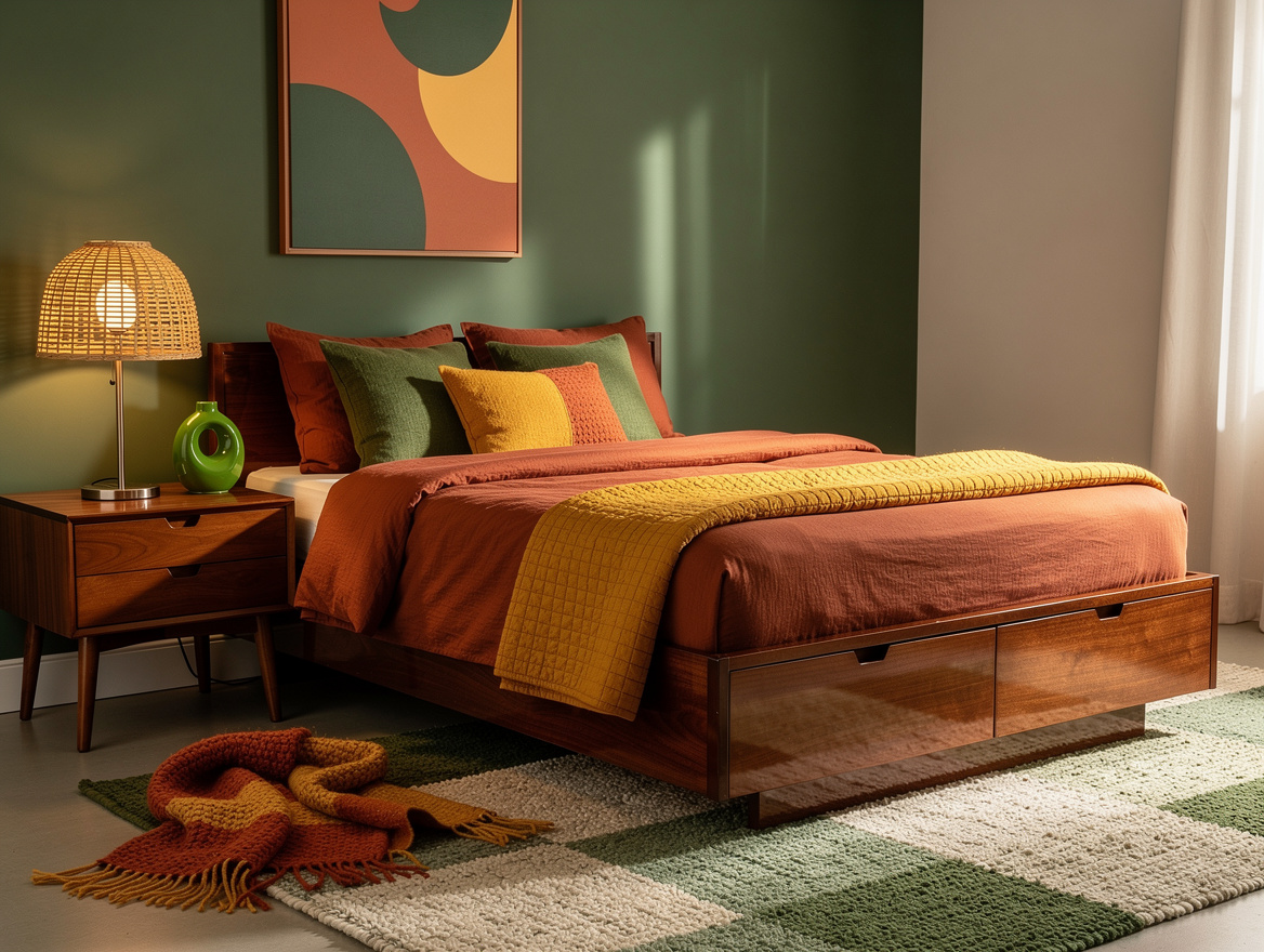 Wide mood shot of a cozy retro bedroom in rust, mustard, and bottle green, gloss