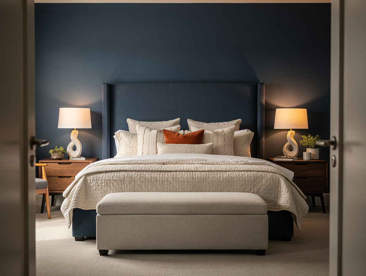 Wide ambient photo of a finished primary bedroom with an oversized upholstered h