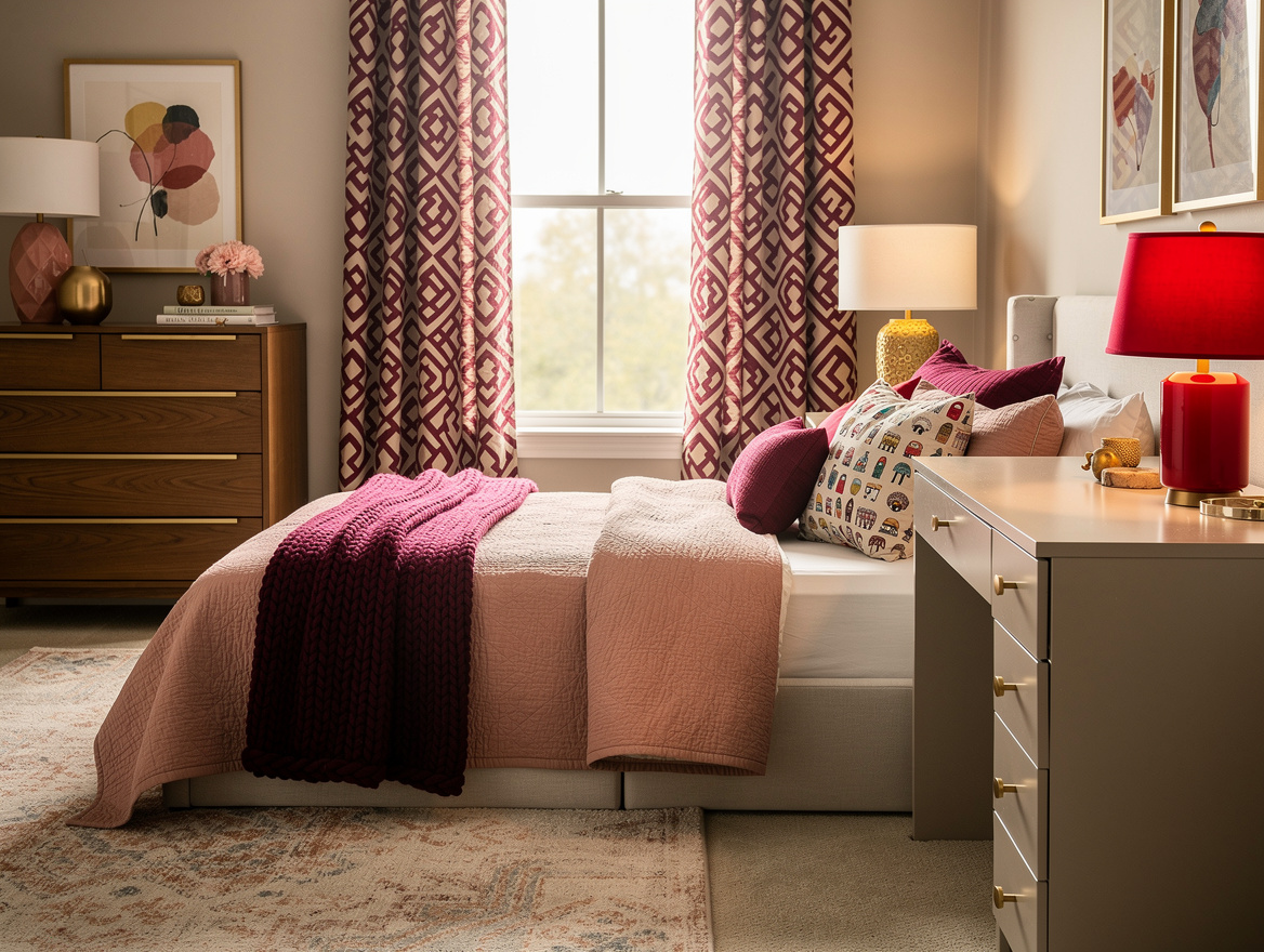 Wide ambiance photo of a nostalgic yet updated kids bedroom with patterned curta
