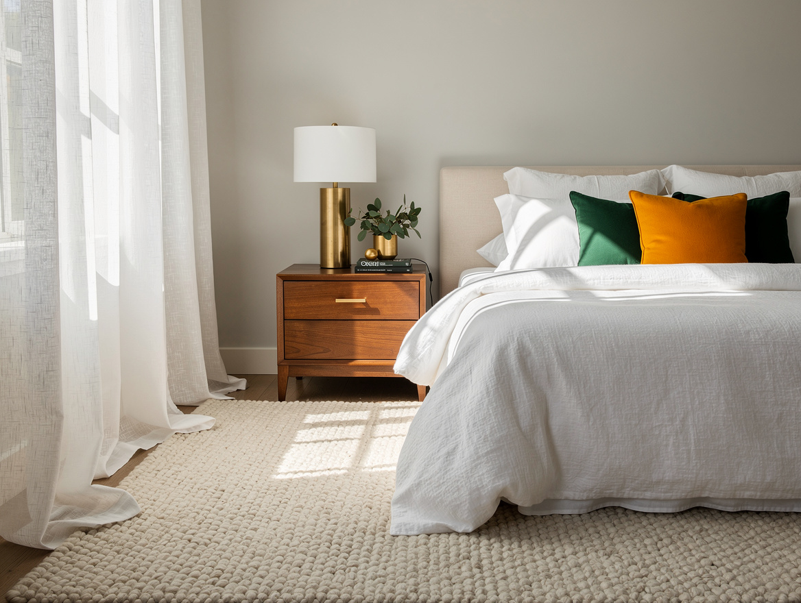 Realistic editorial ambient photo of a calm bedroom in layered whites with linen