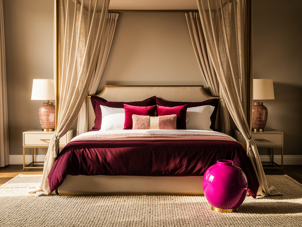 Realistic editorial wide bedroom scene with a canopy bed, linen curtain panels,