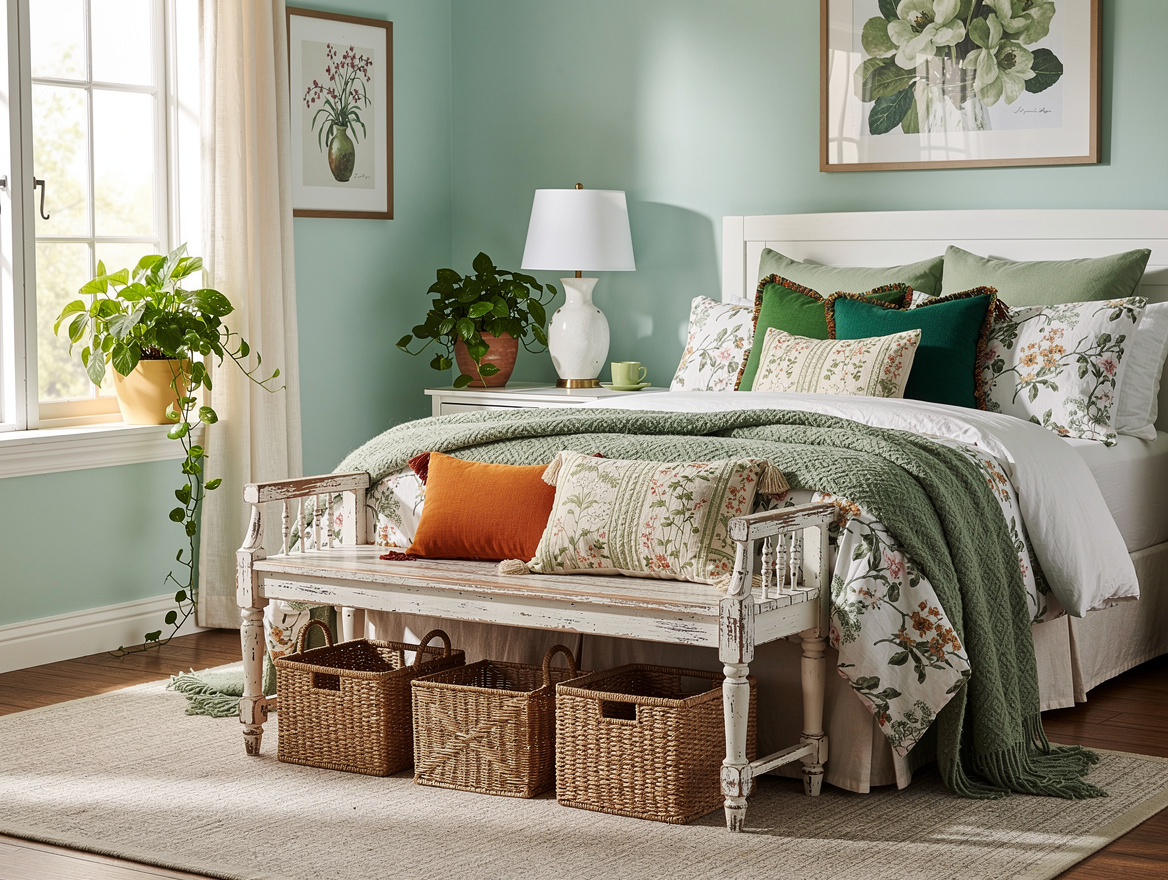 Realistic editorial wide ambiance photo of a cottage-inspired mint guest room wi