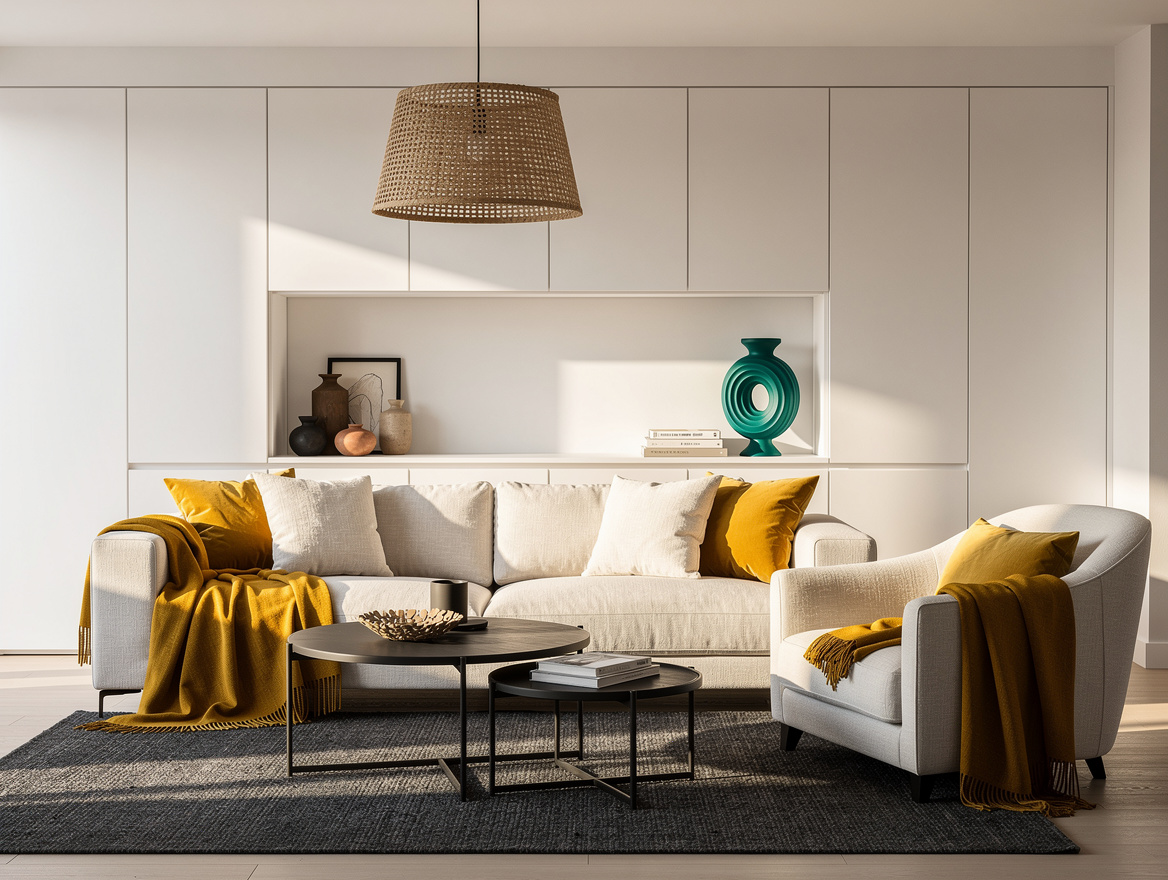 Wide ambiance shot of a warm white living room in an apartment, layered cream te