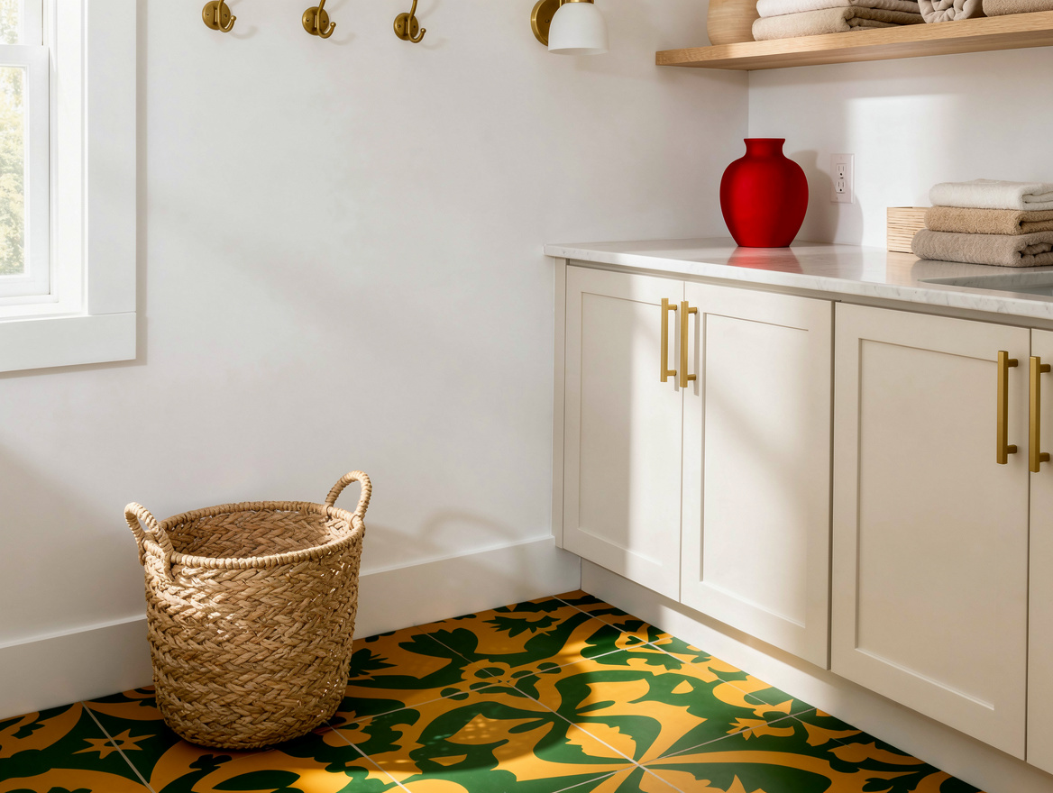 Wide ambient photo of a laundry room with freshly painted stenciled floor, crisp