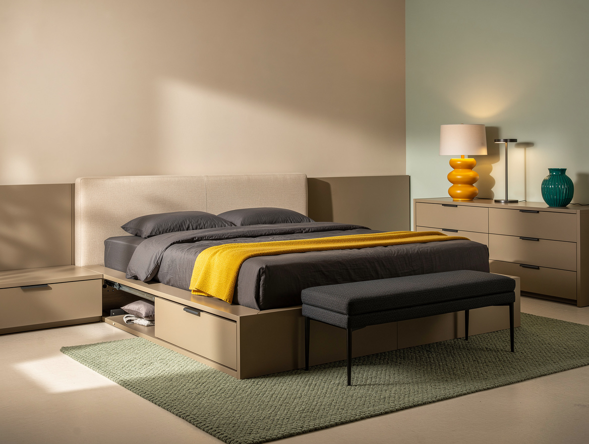 Wide ambient photo of a modern bedroom with hidden storage, low platform bed, te