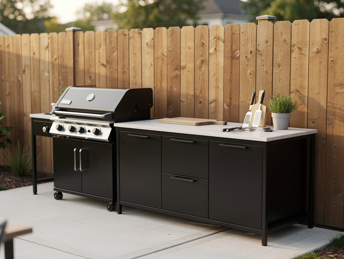 Wide ambiance photo of a small outdoor mini kitchen against a fence, grill plus