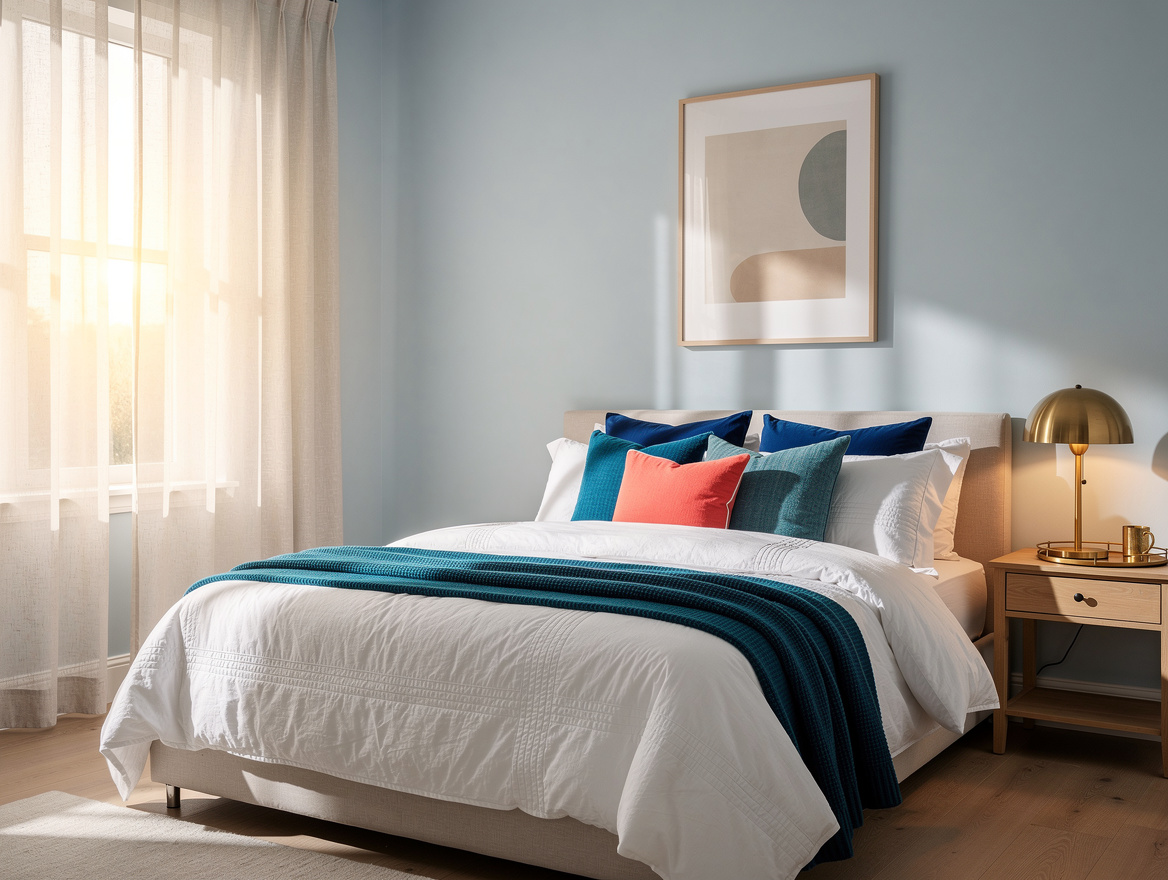 Realistic ambient photo of a serene bedroom with pale blue walls, white bedding,