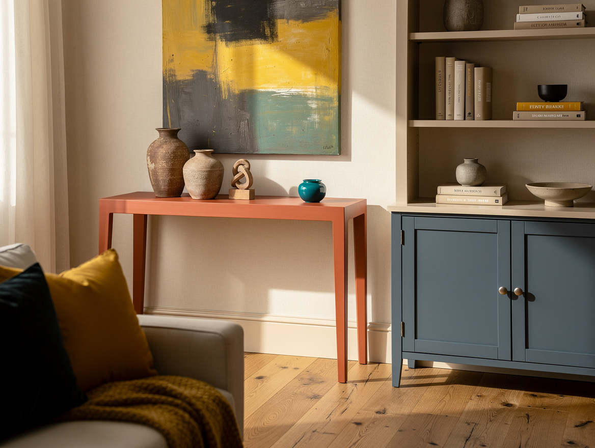 Wide ambiance photo of a cozy living room with one terracotta console, one dusty