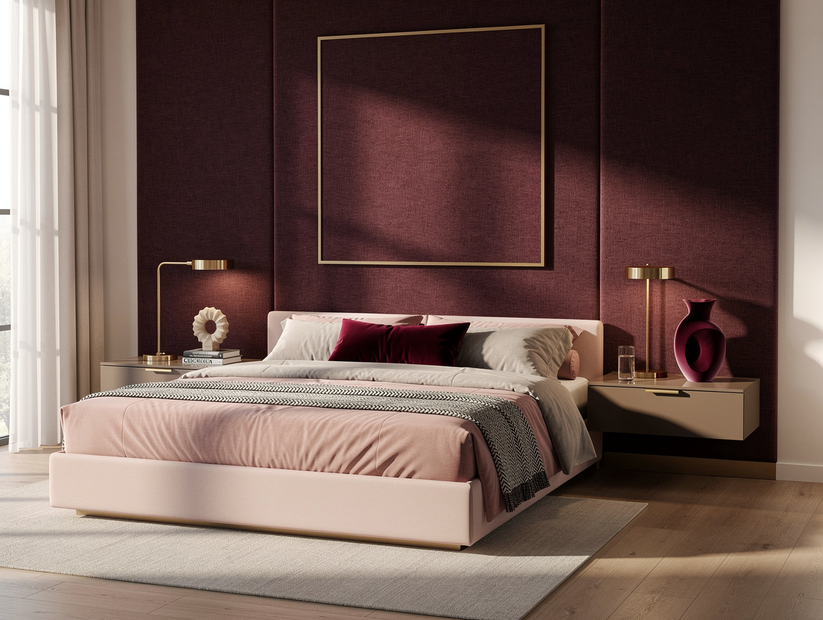 Wide ambient bedroom scene with a full-width fabric wall panel behind the bed, f