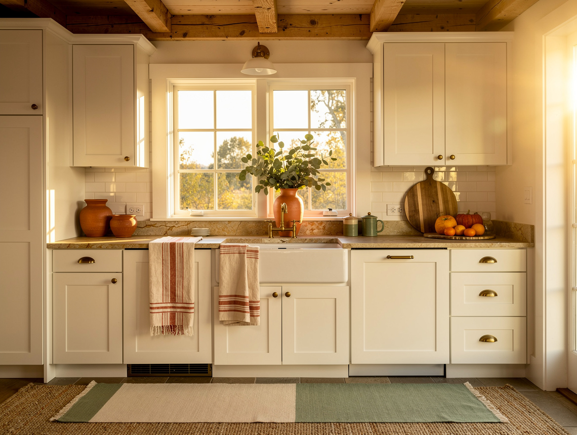 Wide ambient photo of a farmhouse-style white kitchen with wood beams, an apron-