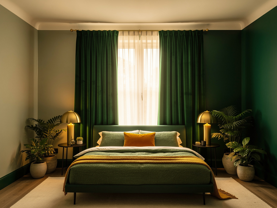 Wide ambiance photo of a moody emerald green bedroom with cream ceiling, velvet