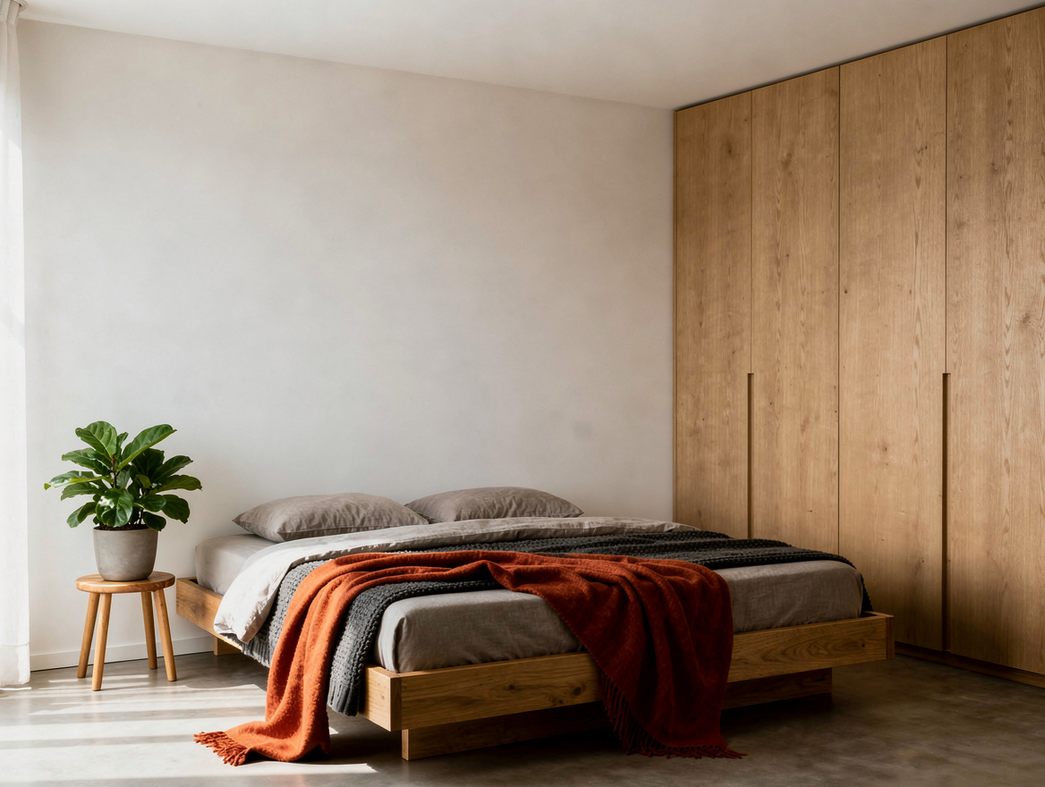 Wide ambient view of a calm Japandi bedroom with a low platform bed, off-white w