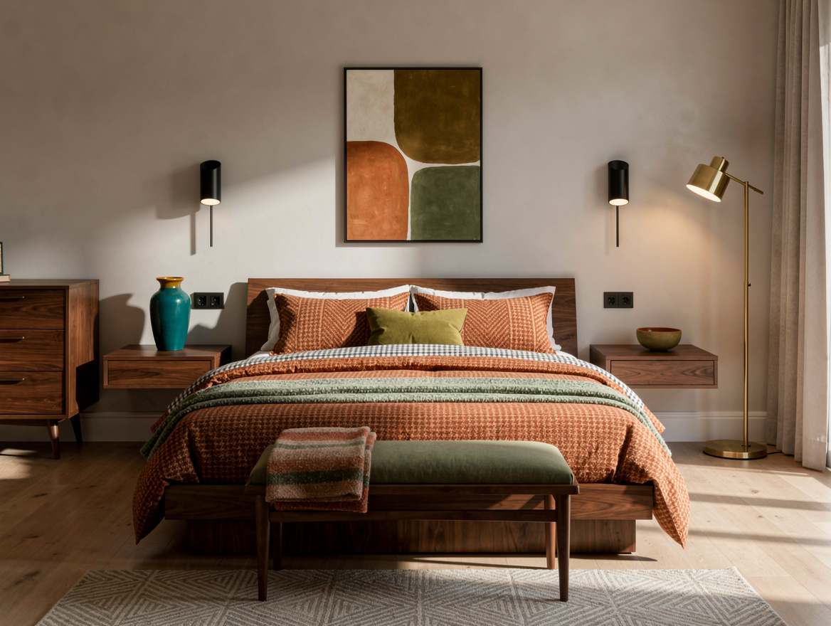 Wide ambient photo of a calm midcentury bedroom with open floor space, warm wood