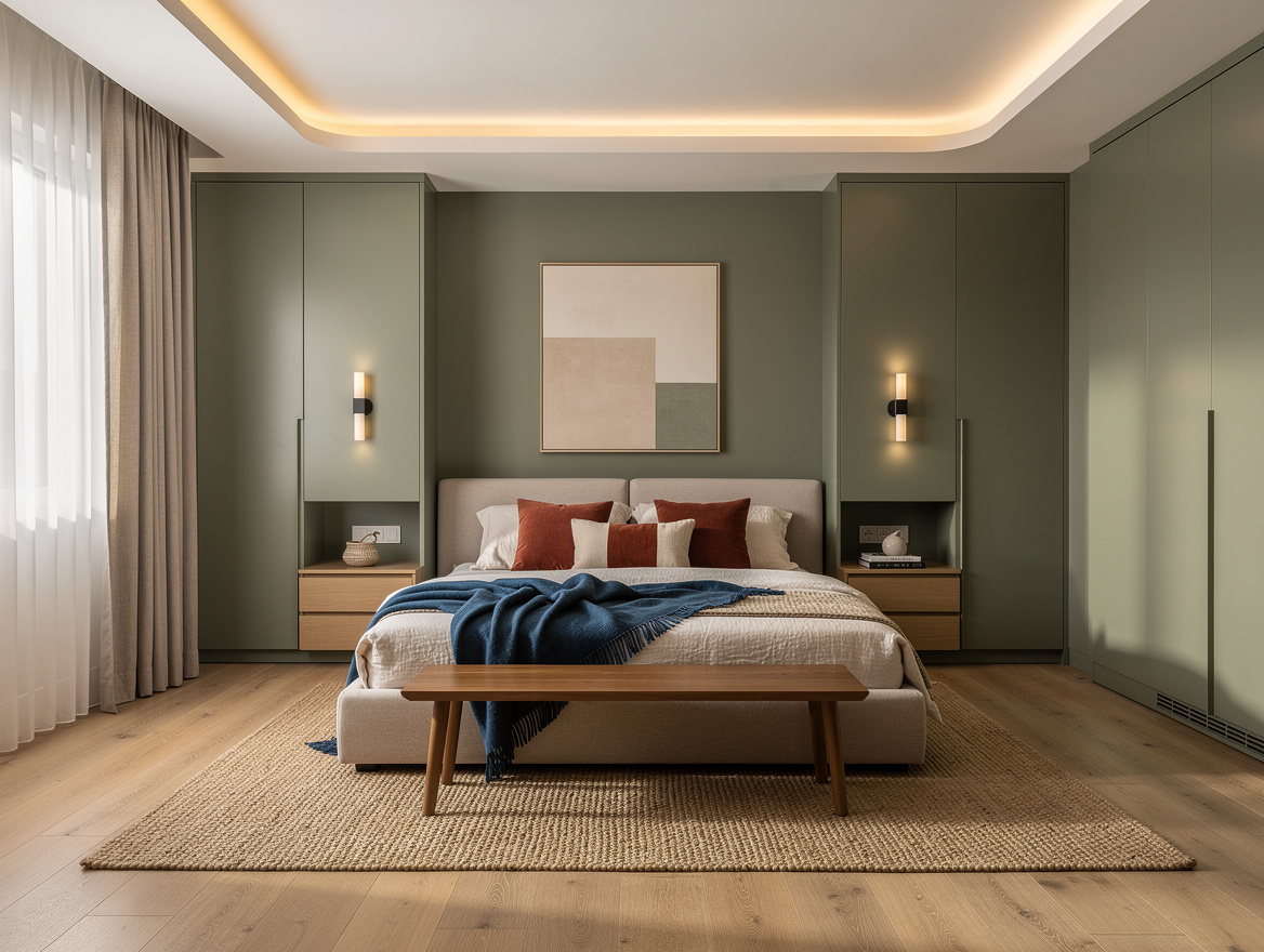 Wide ambiance photo of a serene primary bedroom with sage and sand tones, layere
