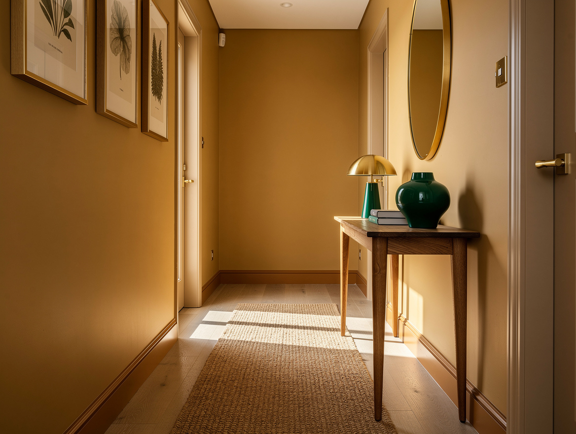 Realistic wide editorial photo of a hallway with warm sand paint, tonal trim, ju