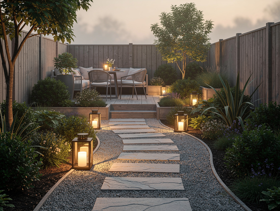 Wide ambiance photo of a small stylish backyard divided into zones by a gently c