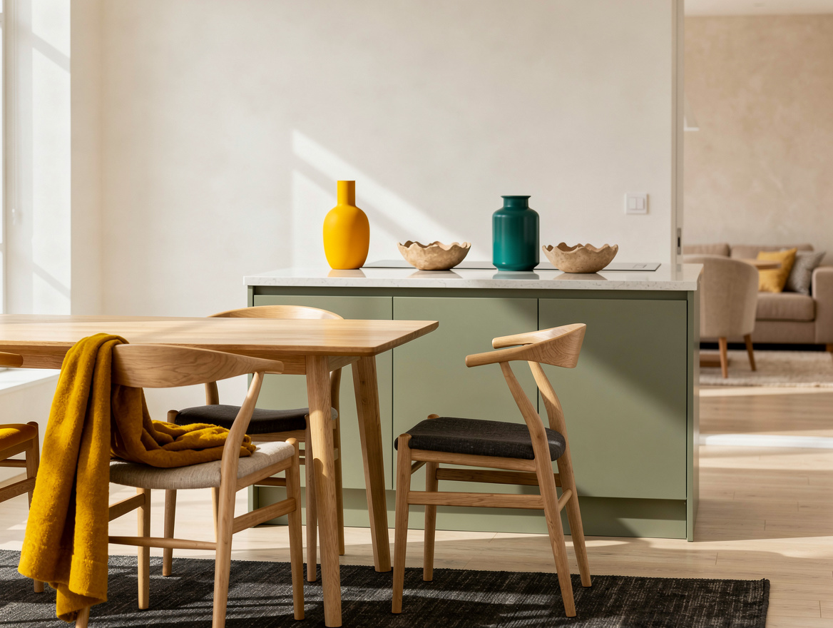 Realistic editorial wide shot of a bright kitchen and dining area with warm off-
