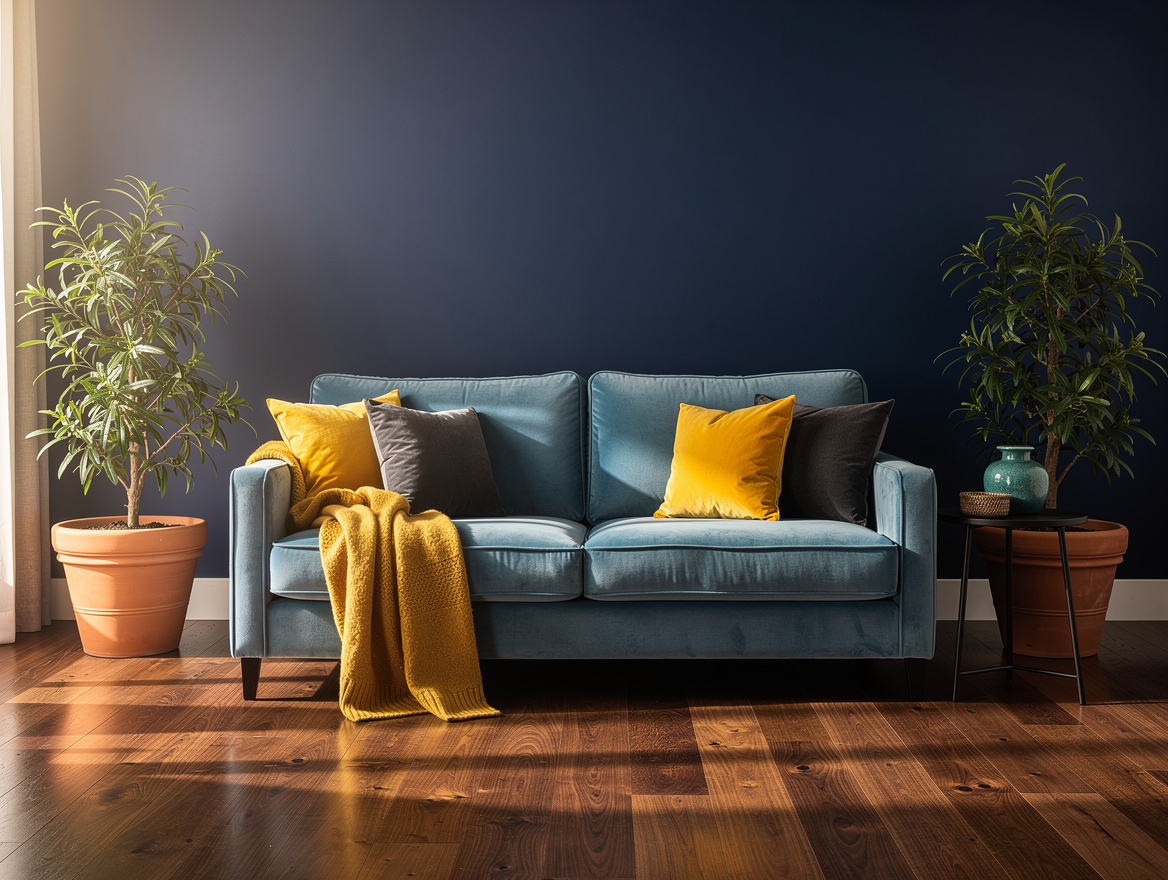 wide editorial shot of a powder blue velvet sleeper sofa flanked by two terracot