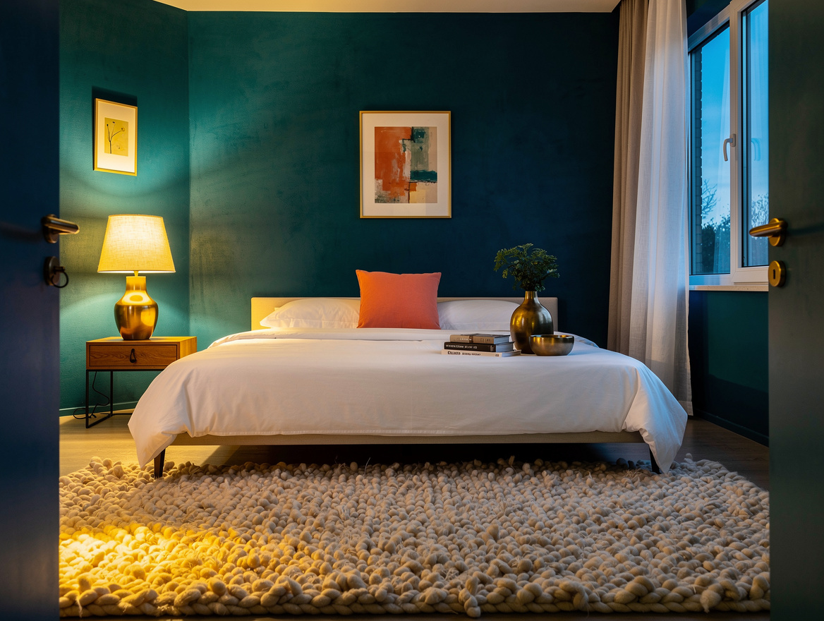 Wide ambient shot of a calm small bedroom at dusk with warm lamp light, wool rug