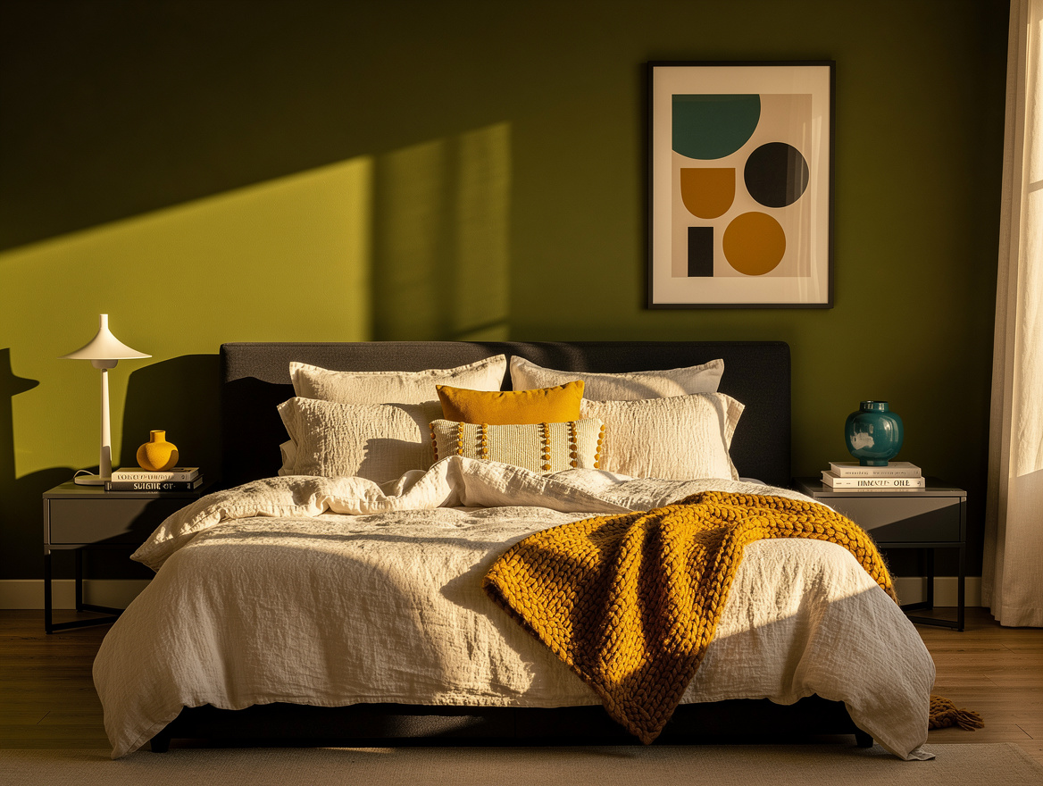 Wide editorial photo of a cozy bedroom bathed in warm afternoon light, olive gre