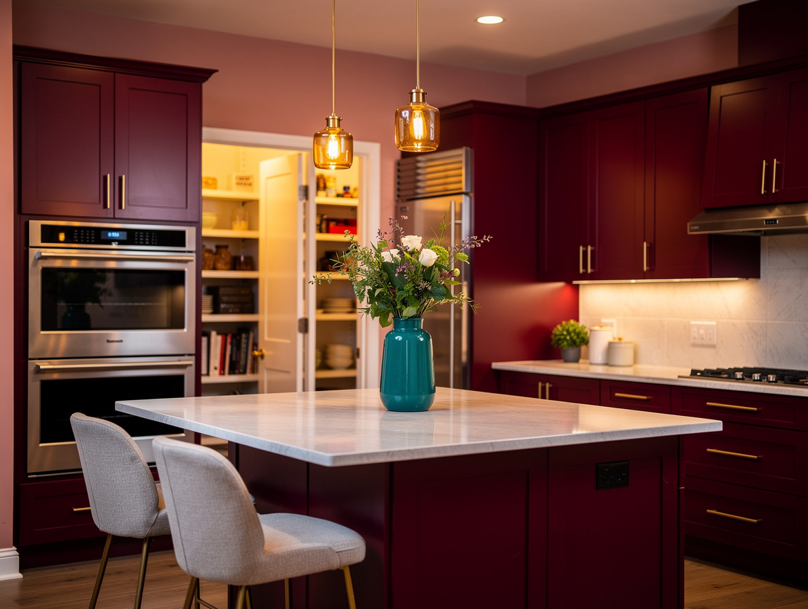 Wide ambiance shot of a cozy closed-concept kitchen with layered lighting, a wal