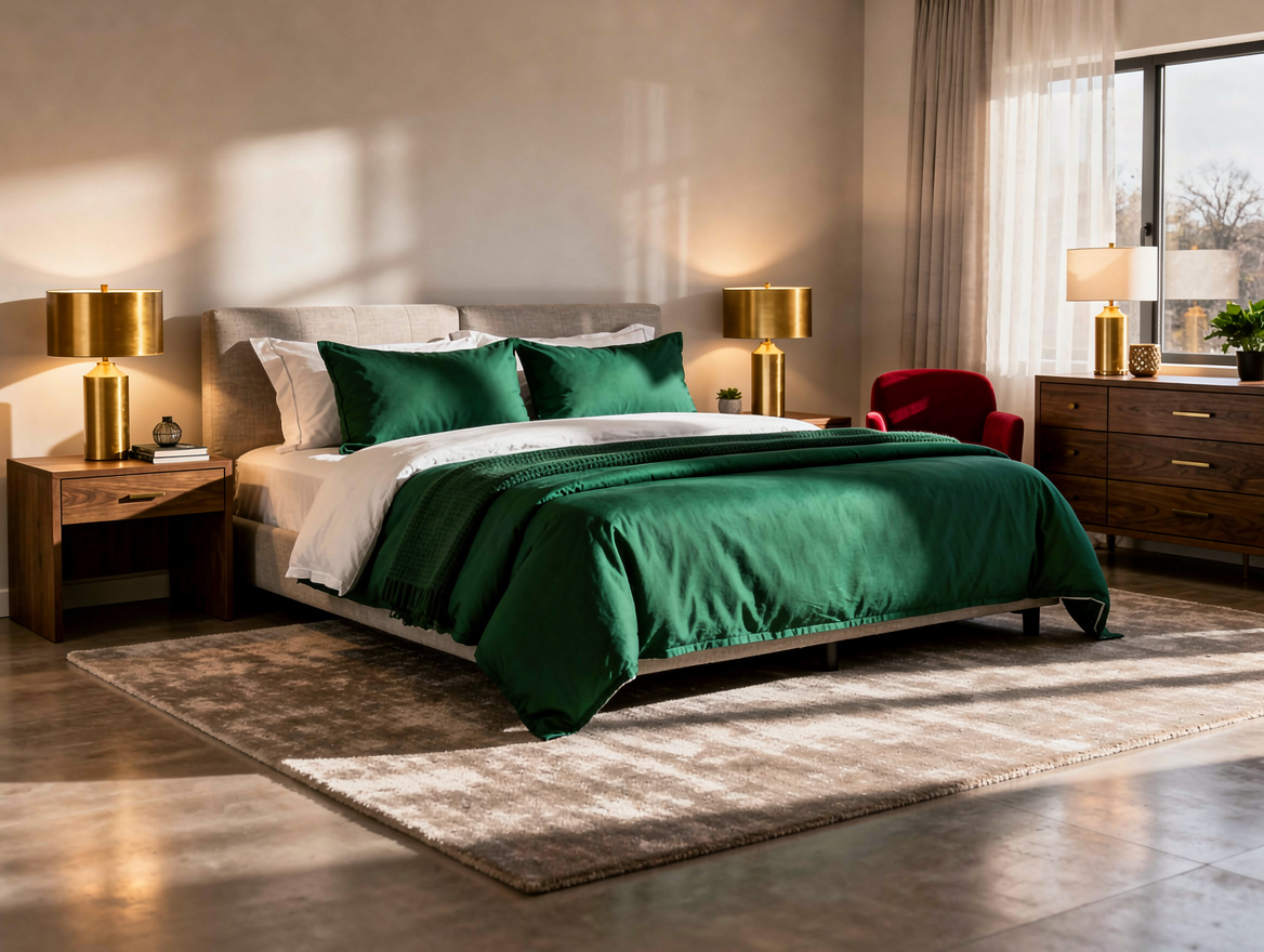 Wide atmospheric photograph of a large bedroom with a king bed fully grounded by