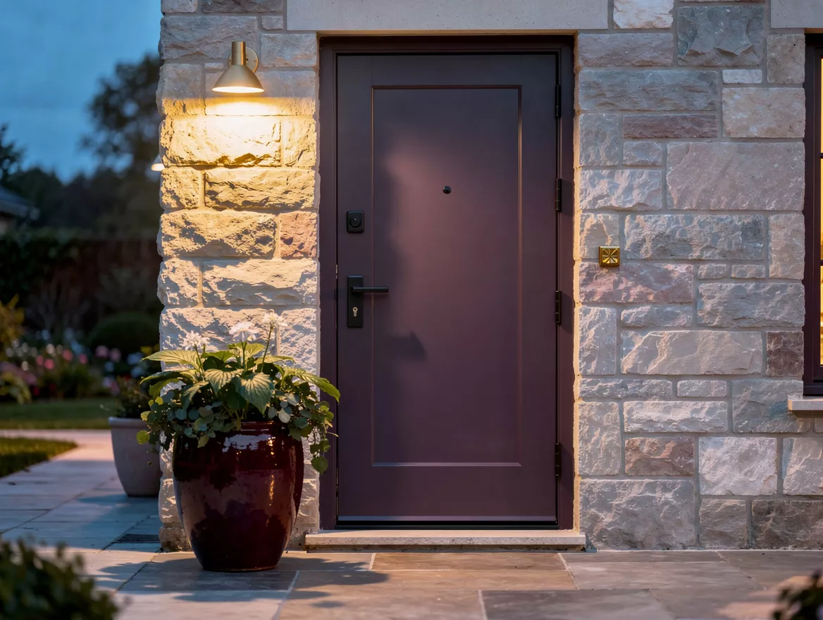 Wide atmospheric photo of a neutral stone American facade at dusk with an auberg