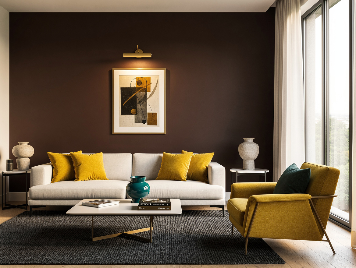 Atmospheric wide living room with a deep espresso accent wall, warm off-white su