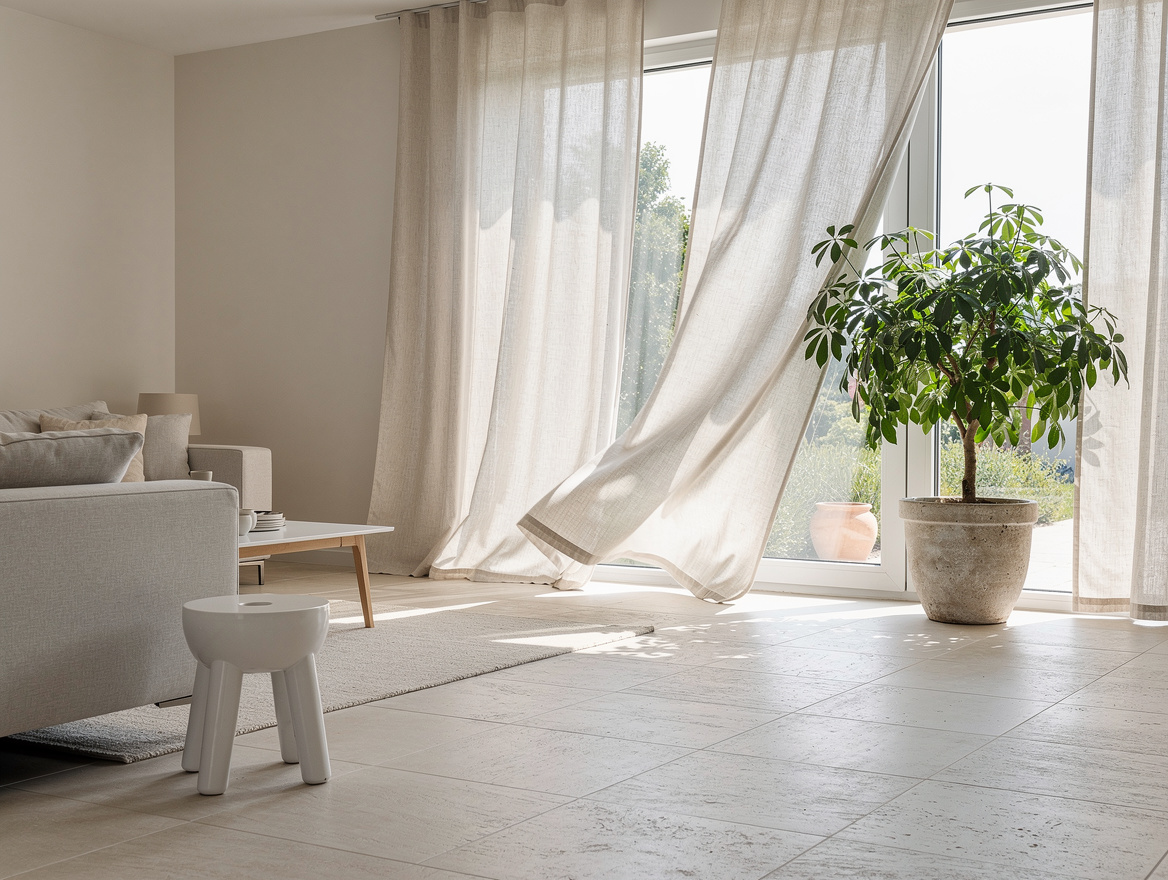 Wide ambient photo of a living room staged for hot weather with linen curtains,