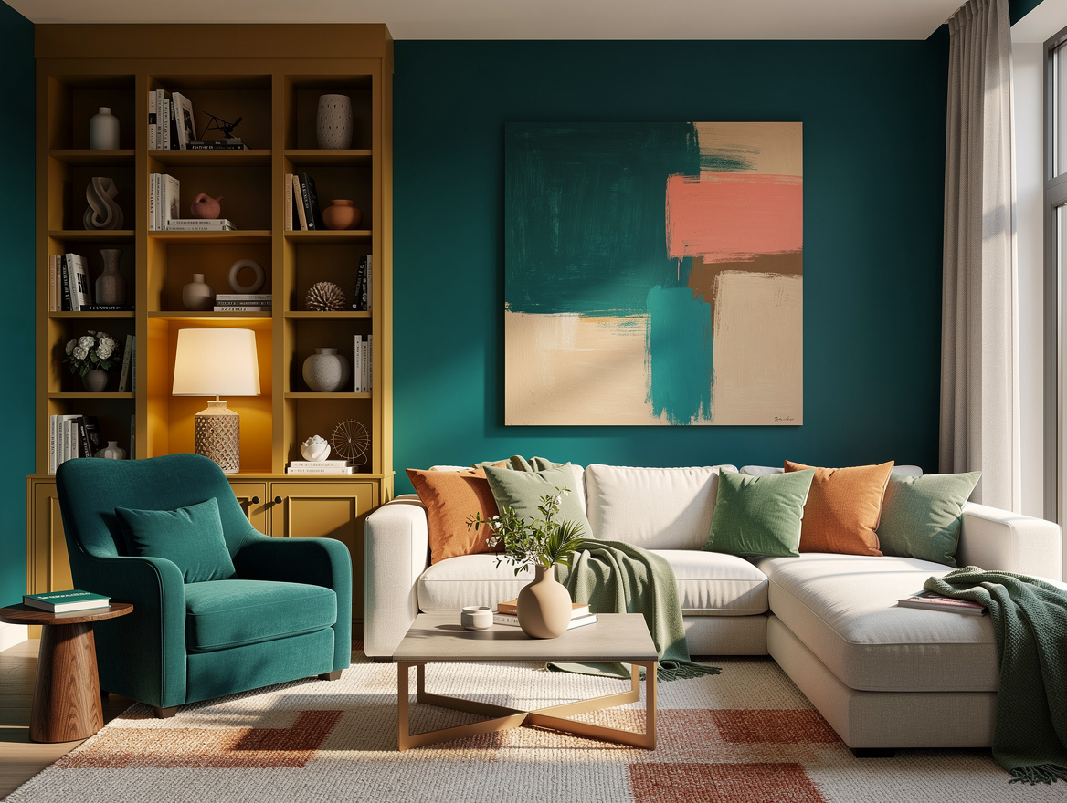 Wide atmospheric photo of a creative living room with teal reading nook, muted a
