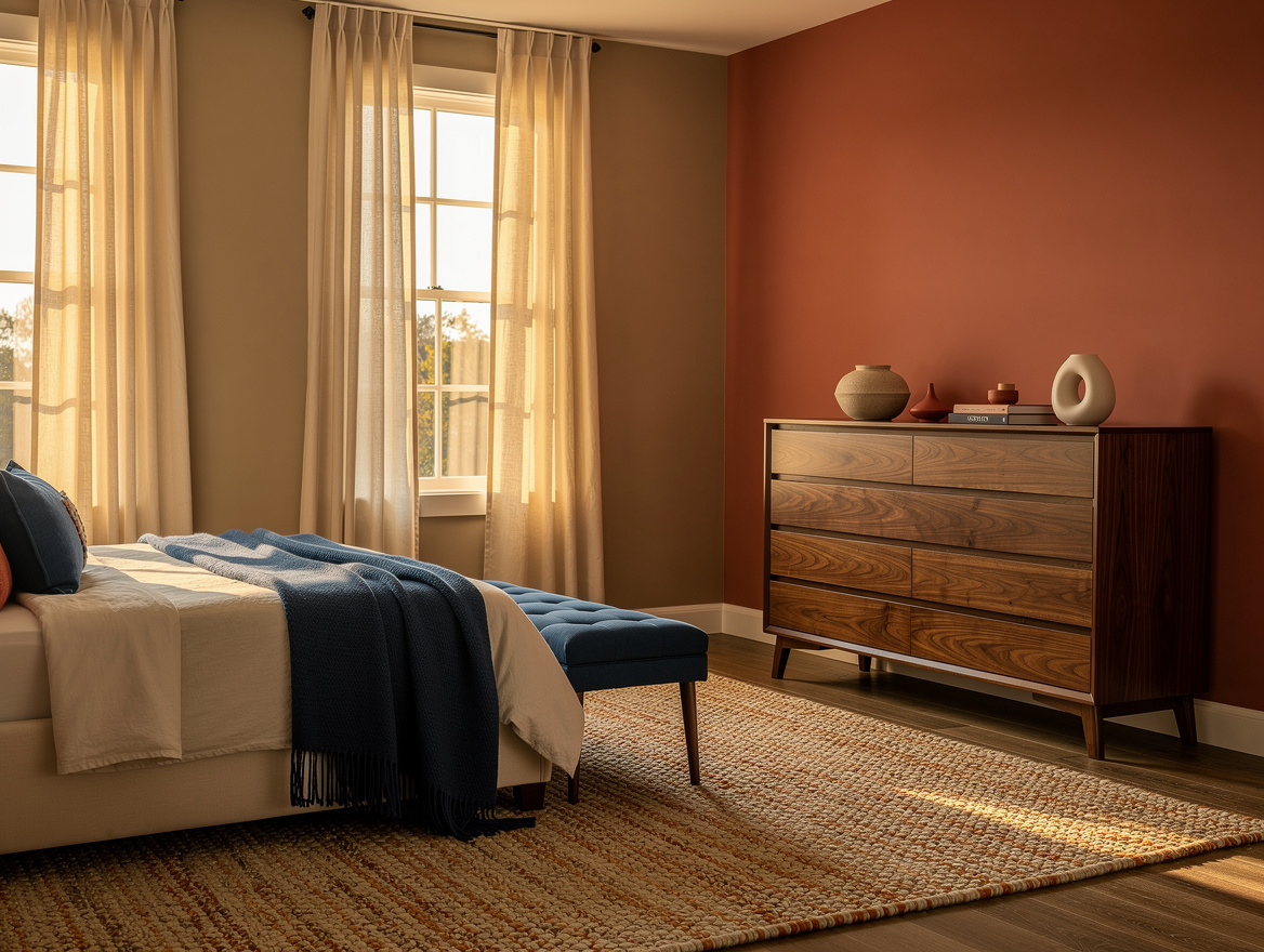 Wide atmospheric bedroom with warm khaki beige walls, walnut dresser, soft terra