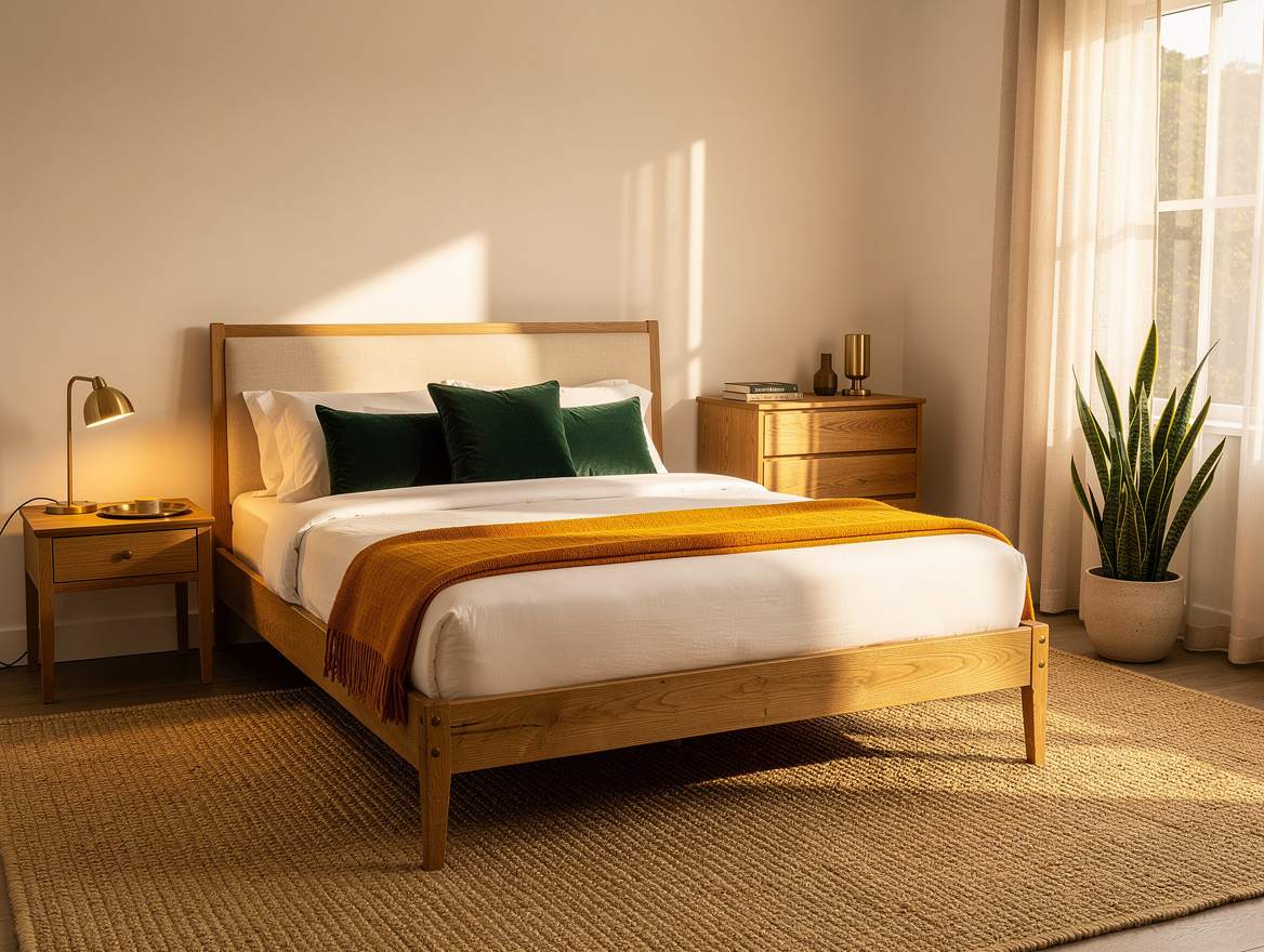 Wide atmospheric photograph of a calm nature-inspired bedroom with large jute ru