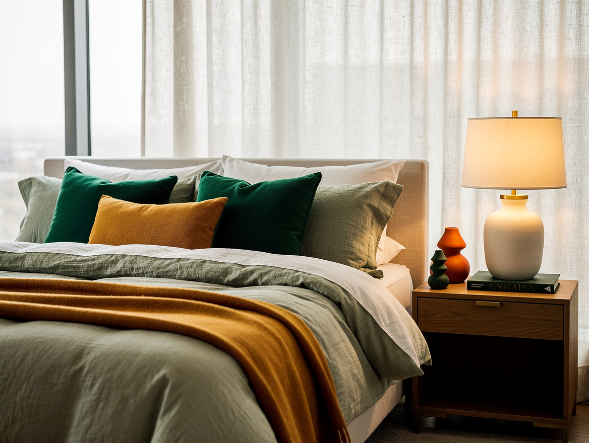 ambient photo of a calm bedroom with muted sage and off-white bedding, linen cur