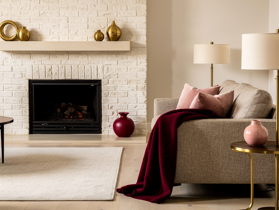 cozy living room with a limewashed brick fireplace surround in warm white, textu