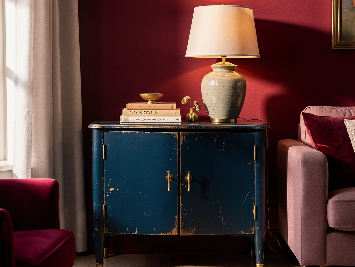 Atmospheric photograph of a vintage blue cabinet with a softly aged dark-wax fin