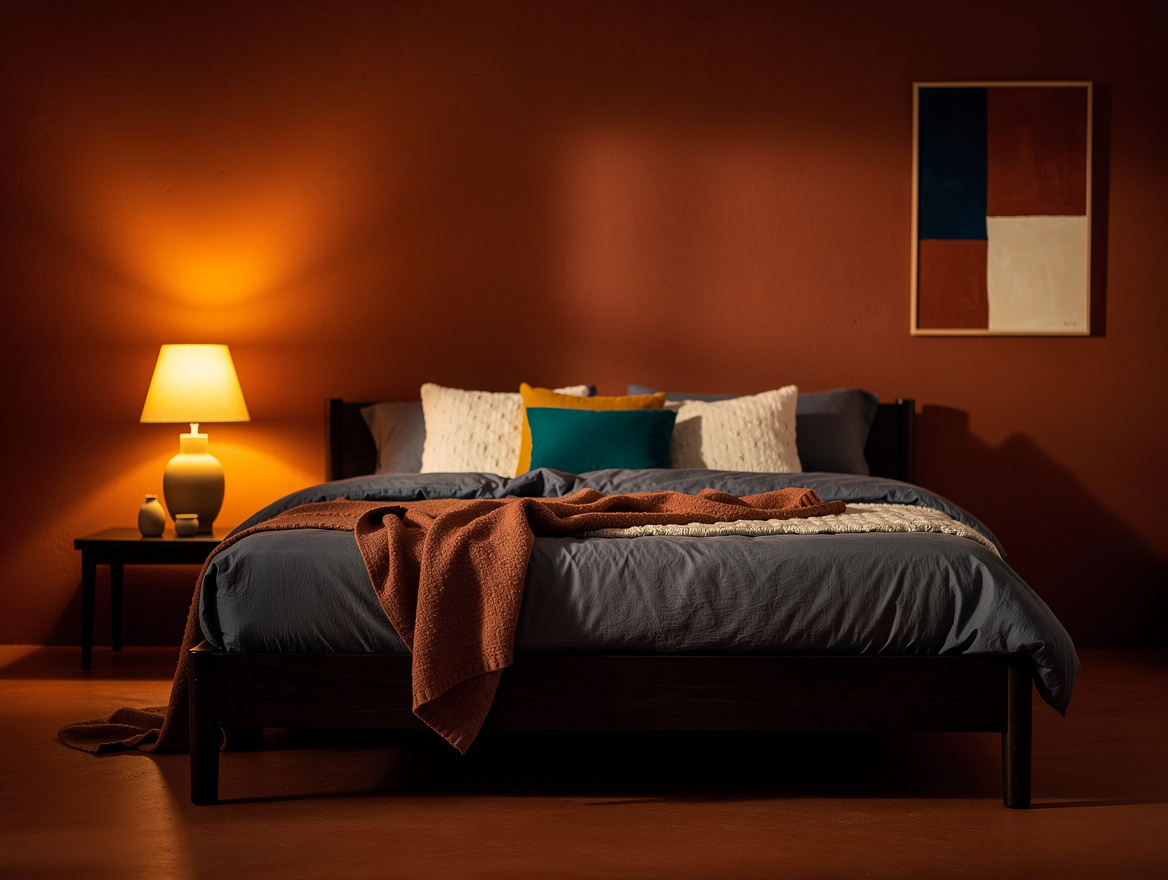 moody ambiance shot of a color-drenched terracotta bedroom at dusk, ceiling and