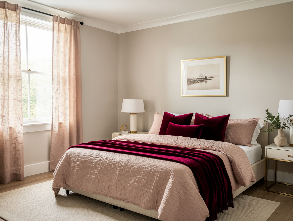 Wide ambient photograph of a bright bedroom with a freshly painted flat off-whit