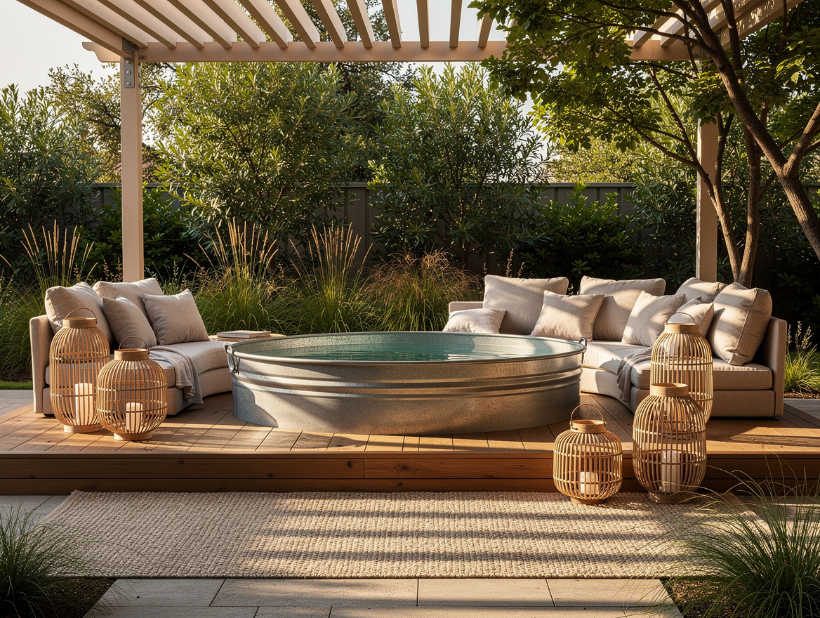 Wide ambiance photo of a hotel-inspired backyard with a stock tank pool styled w