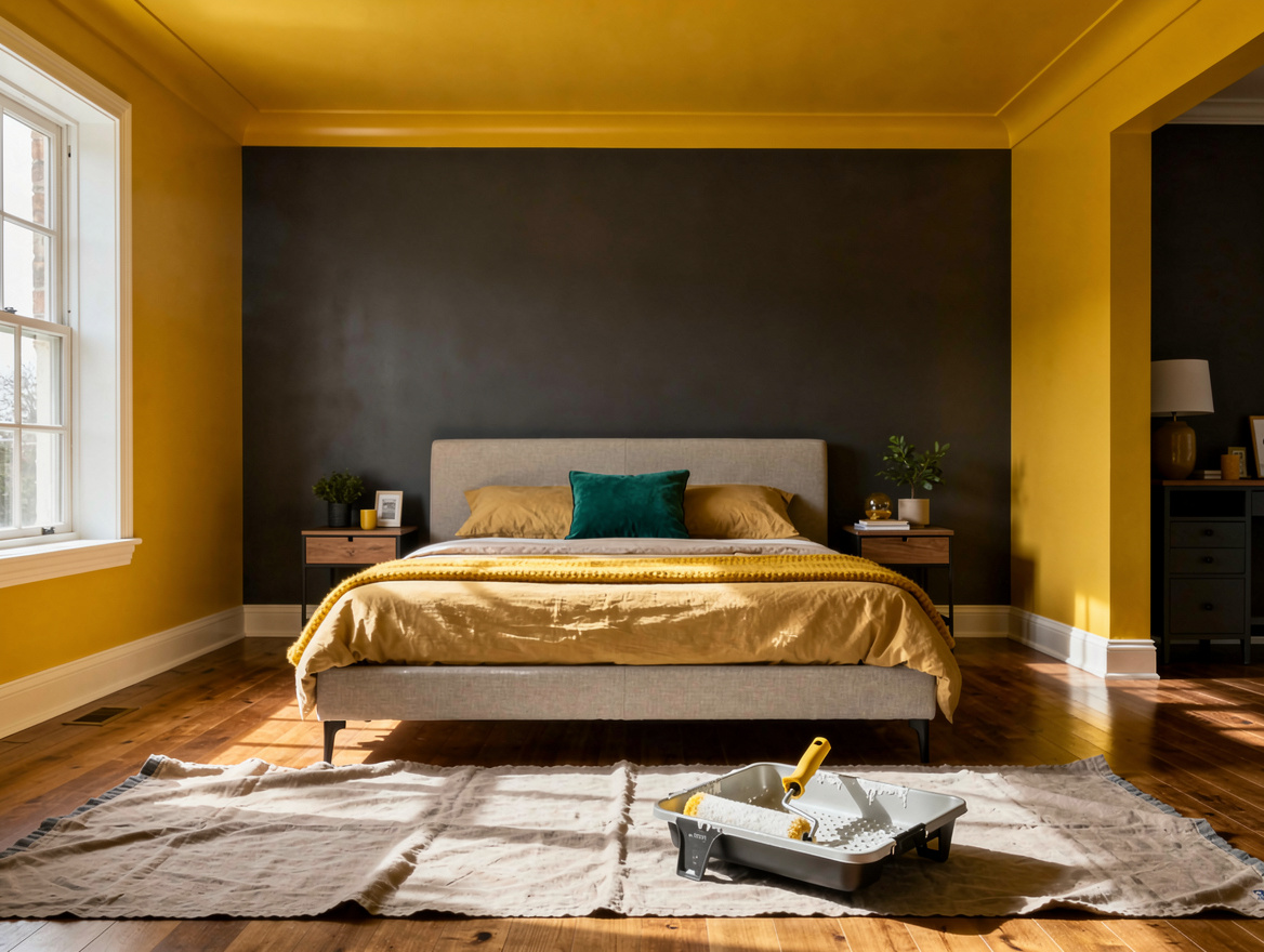 Wide ambient photo of a calm freshly painted bedroom with matte ceiling, eggshel