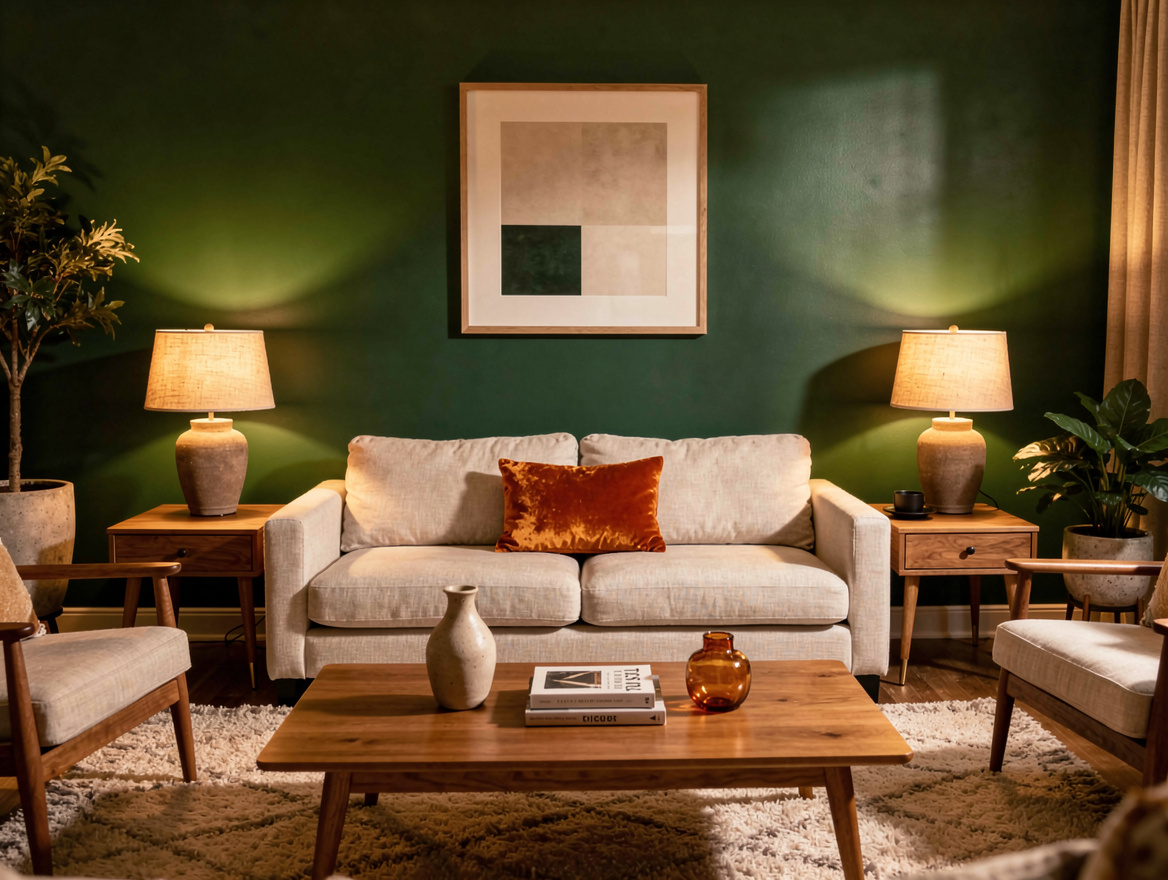 Atmospheric realistic evening living room with a muted green painted wall, warm