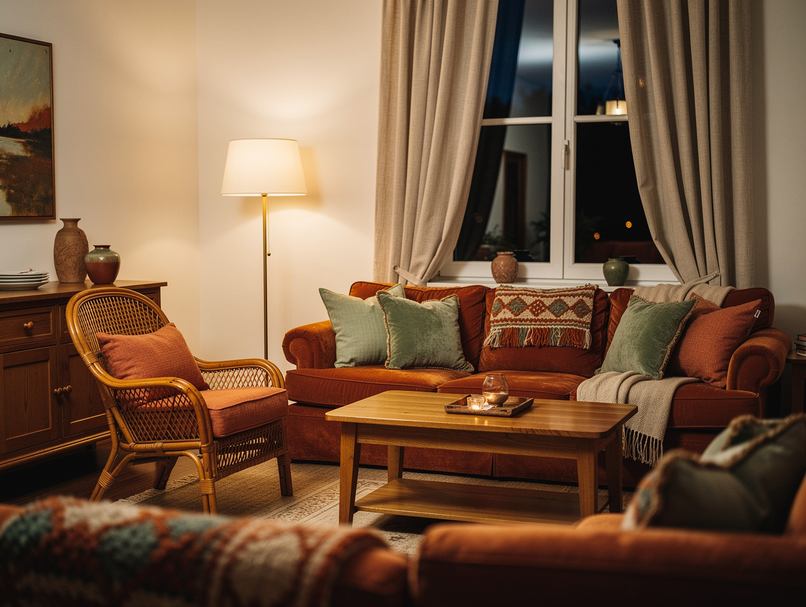 Wide ambient editorial photo of a cozy American living room with softly warm whi