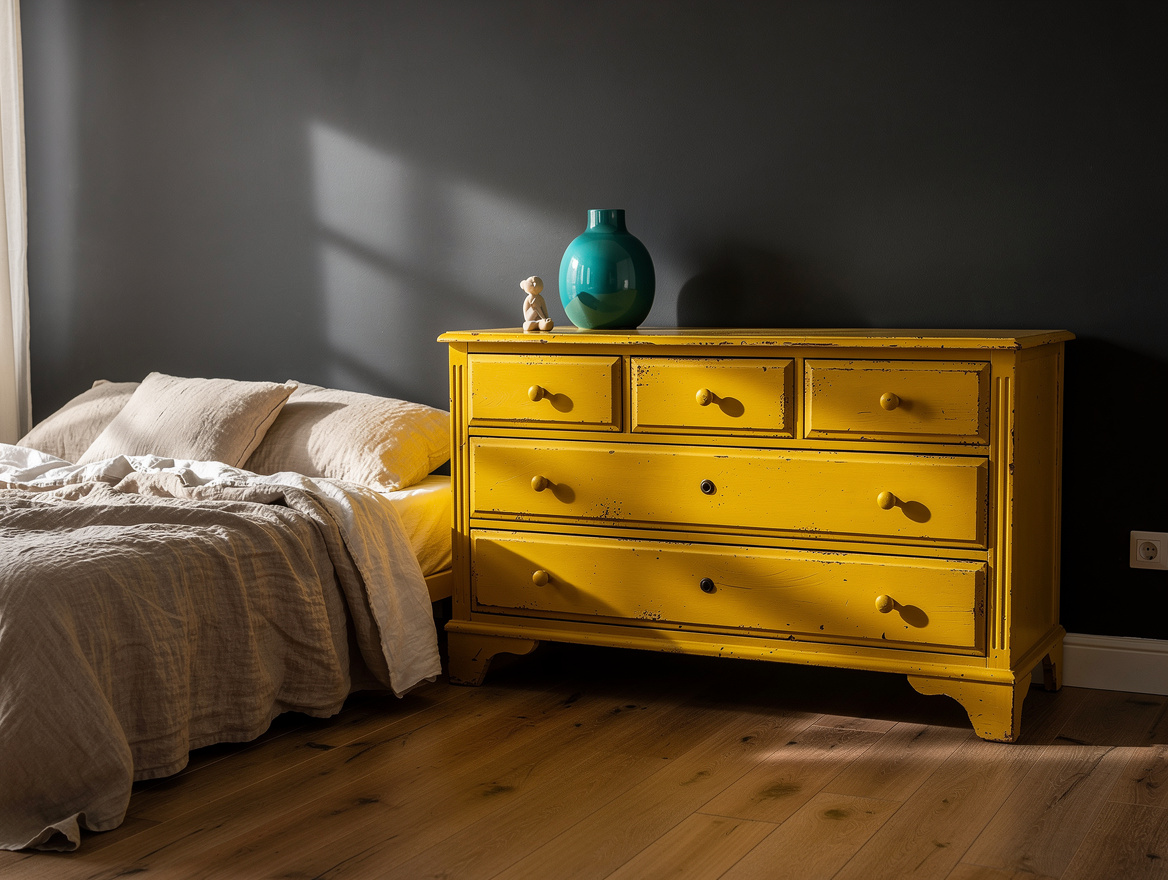 Wide editorial home-decor photo of a softly distressed painted dresser in a calm