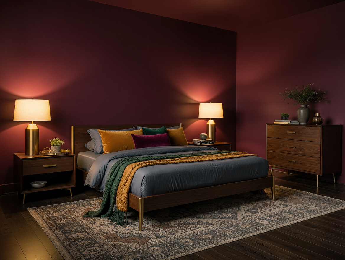 Atmospheric wide photo of a cozy jewel-tone bedroom with burgundy walls and matc