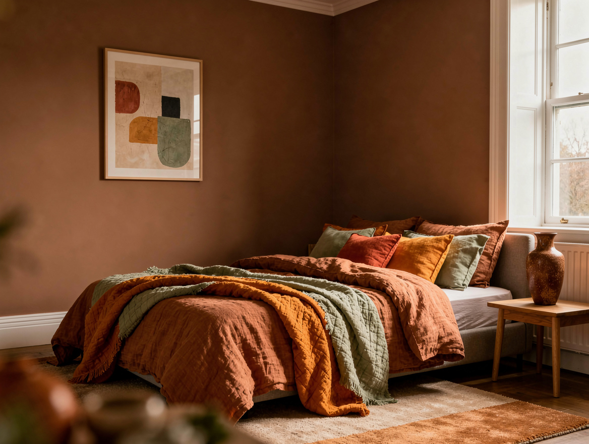 Wide atmospheric realistic editorial photo of a calm bedroom with matte clay-col