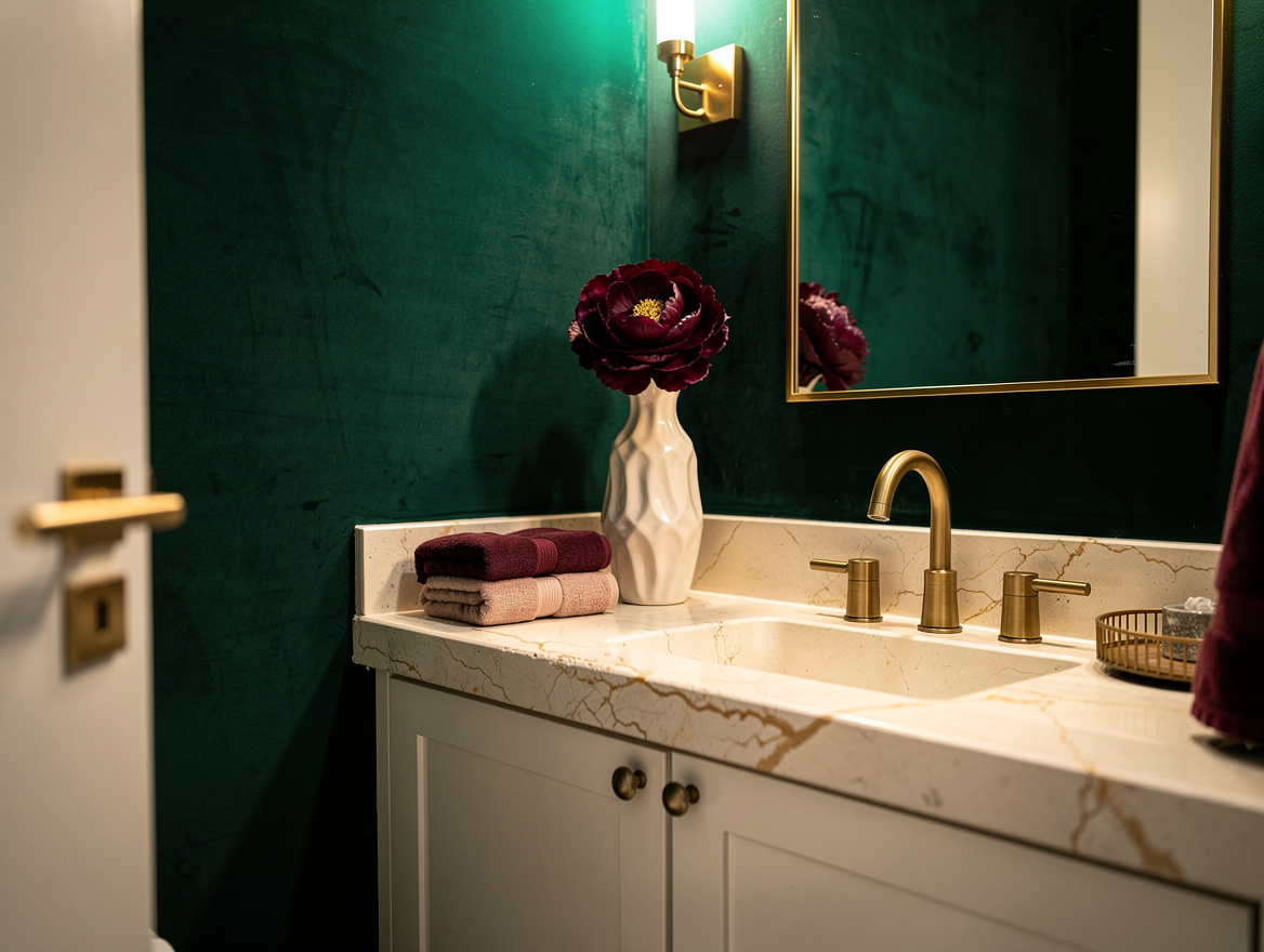 Atmospheric editorial photograph of a deep malachite green matte wall in a small